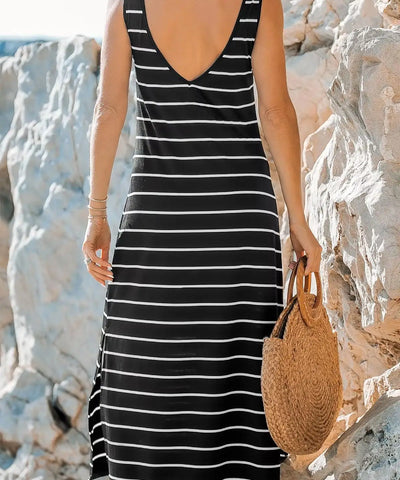 Elegant Black and White Striped Side Slit Vacation Dress