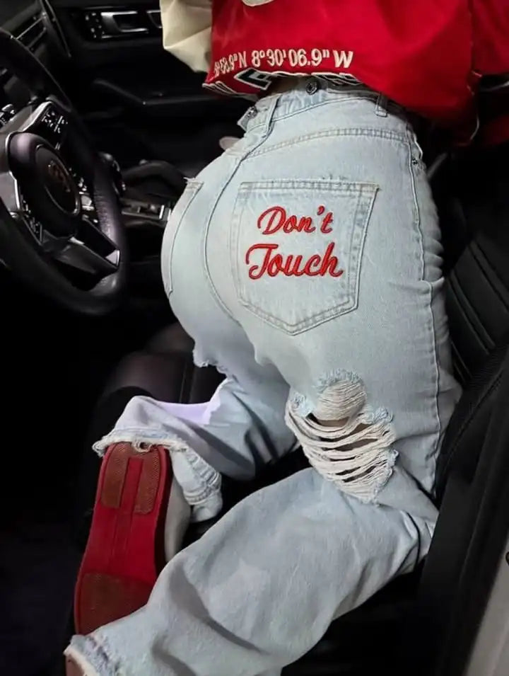 Letter Embroidered Baggy Jeans | MzStar Fashion | view 4