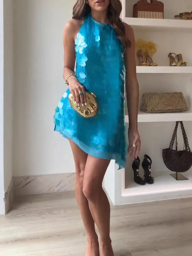 Turquoise Sequin A-Line Mini Dress | MzStar Fashion | view 2