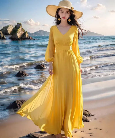 Yellow Chiffon Swing Maxi Dress | MzStar Fashion