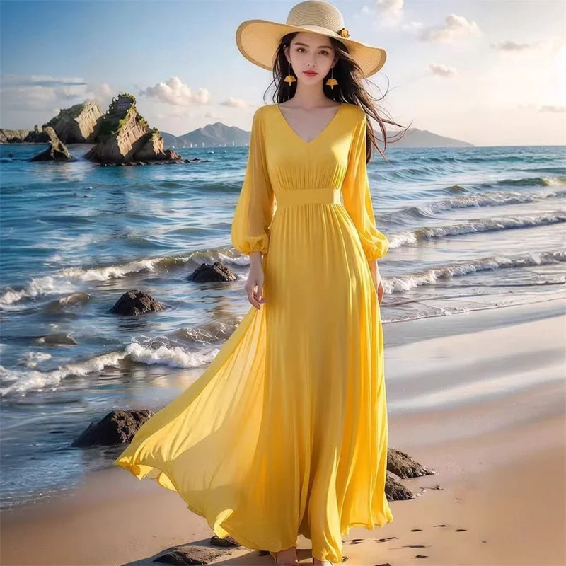 Yellow Chiffon Swing Maxi Dress | MzStar Fashion