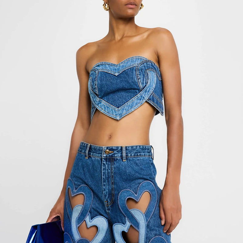 Strapless Vest & Patchwork Jeans Set | MzStar Fashion | view 2