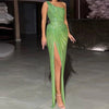 Green Sequin Draped Evening Dress | MzStar Fashion