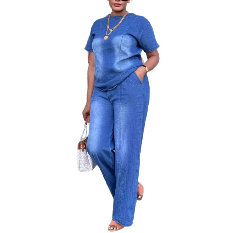 Denim Tee & Wide-Leg Pants Set | MzStar Fashion | view 5