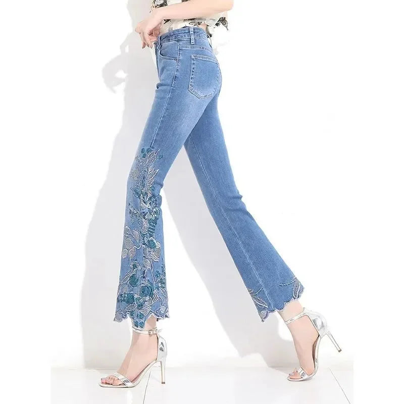 Embroidered Ankle Micro-Flare Jeans | MzStar Fashion