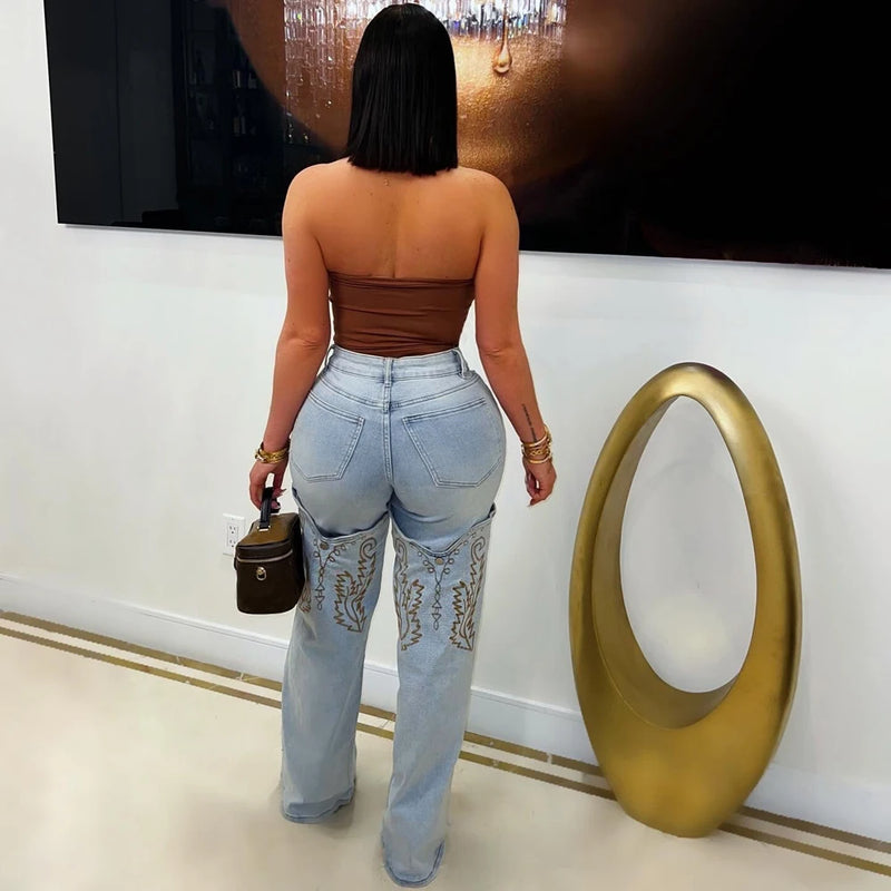 Striped Embroidery Straight Jeans | MzStar Fashion | view 3
