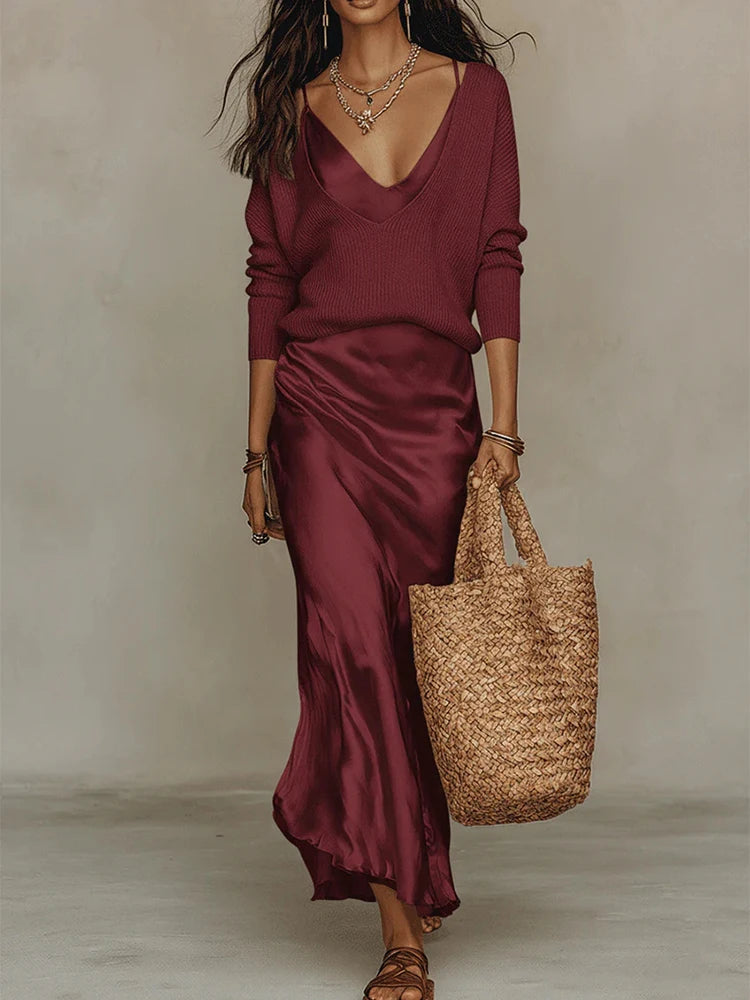 V-Neck Top & Maxi Dress Set | MzStar Fashion | view 4