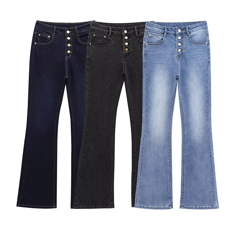 Metal Button Flared Jeans | MzStar Fashion
