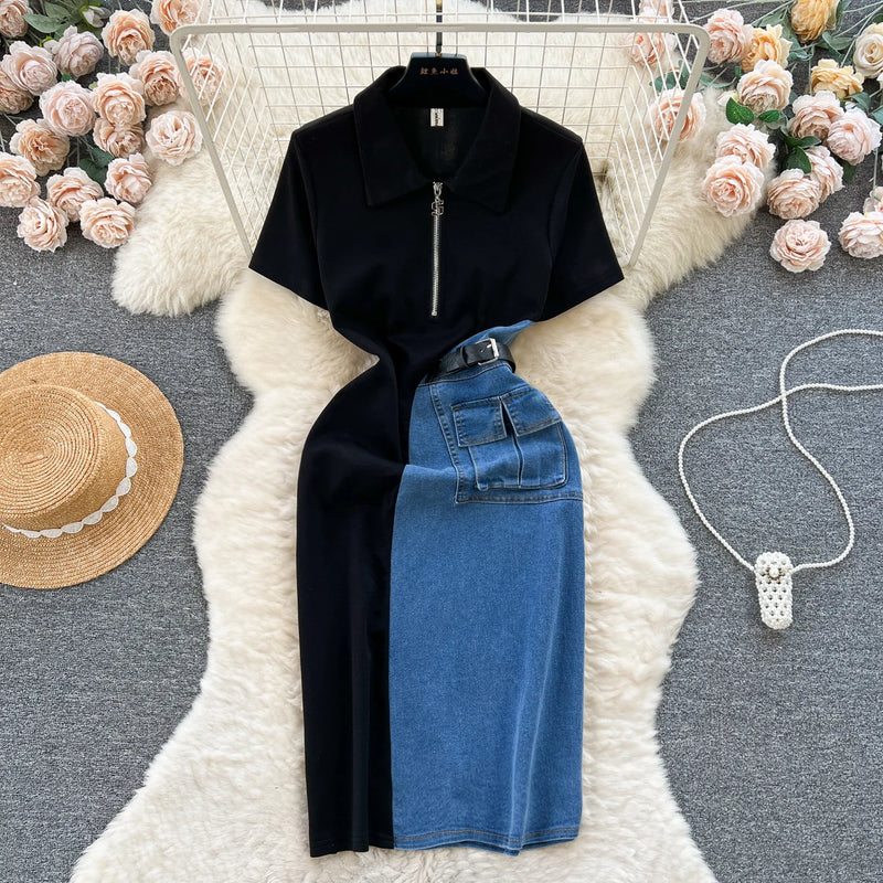 Y2K Denim A-Line Midi Dress | MzStar Fashion
