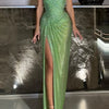 Green Sequin Draped Evening Dress | MzStar Fashion | view 3