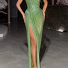Green Sequin Draped Evening Dress | MzStar Fashion | view 2