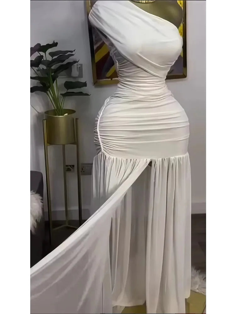 One-Shoulder Pleated Slit Gown | MzStar Fashion | view 3