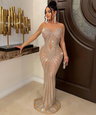 Crystal Mesh Long-Sleeve Gown | MzStar Fashion