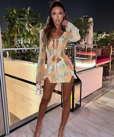 Sheer Mesh Ruffle Mini Dress | MzStar Fashion