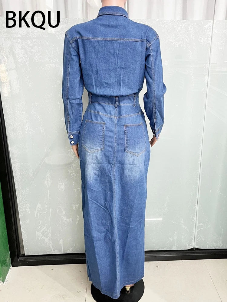 Denim Split Maxi Shirt Dress | MzStar Fashion | view 6