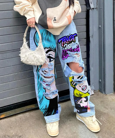 Graphic Print Ripped Jeans | MzStar Fashion