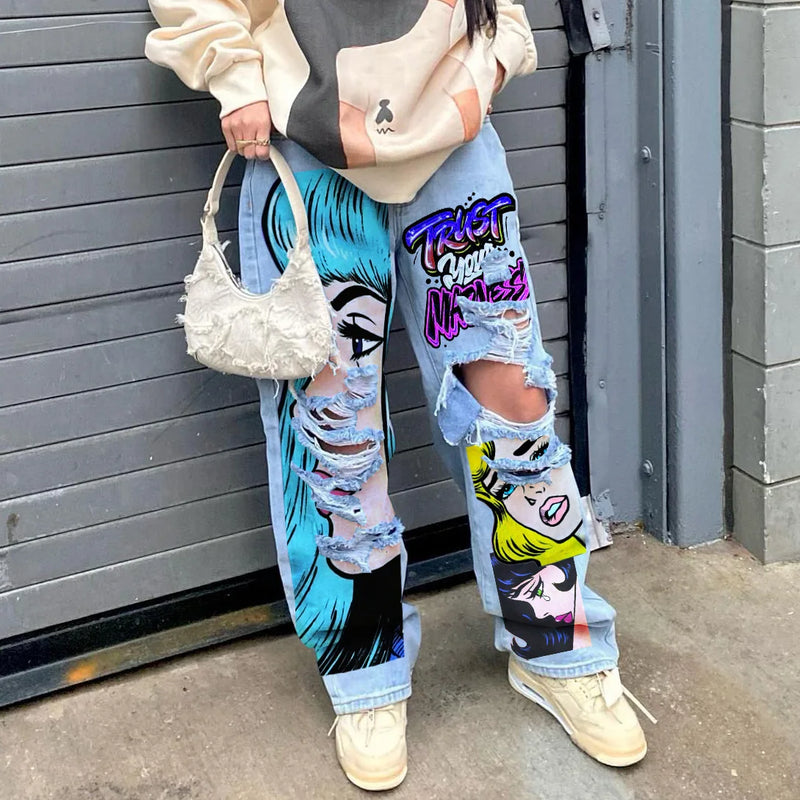 Graphic Print Ripped Jeans | MzStar Fashion