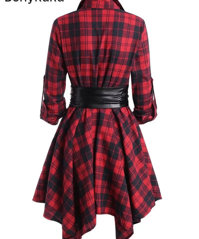 Red Plaid Belted Handkerchief Dress
