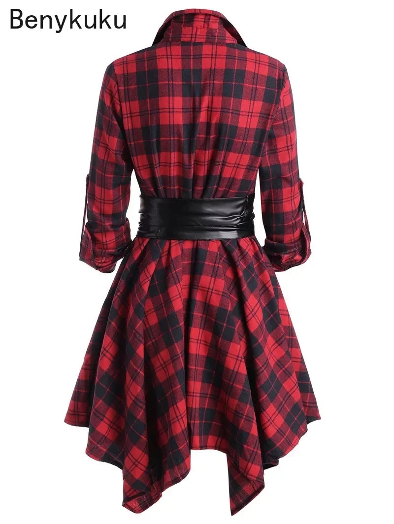 Red Plaid Belted Handkerchief Dress | MzStar Fashion | view 2