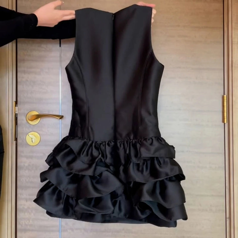 Black Satin Ruffle Vest Dress | MzStar Fashion | view 3