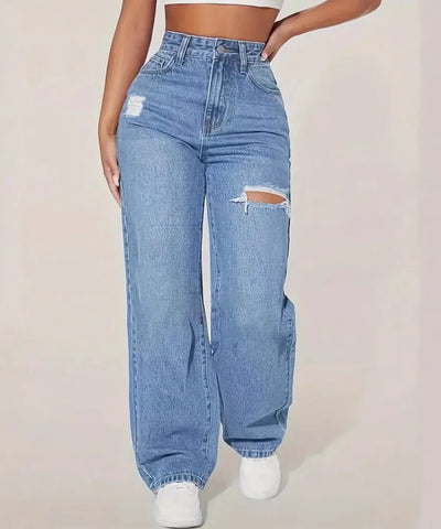 Washed Ripped Straight Jeans