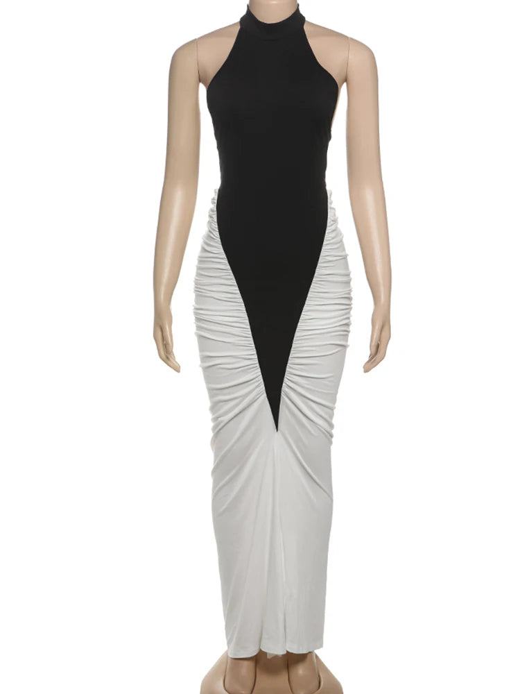 Contrast Patchwork Halter Maxi Dress | MzStar Fashion | view 6