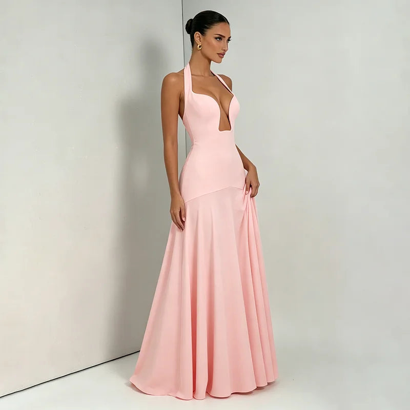 Blush Pink Keyhole Halter Maxi Dress