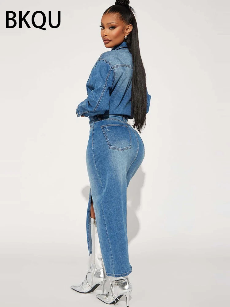 Denim Split Maxi Shirt Dress | MzStar Fashion | view 2