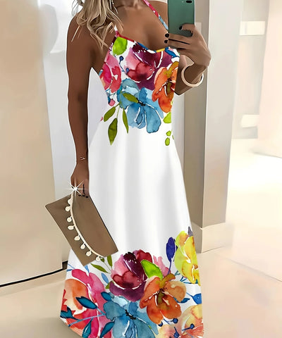 Watercolor Floral Strap Maxi Dress | MzStar Fashion