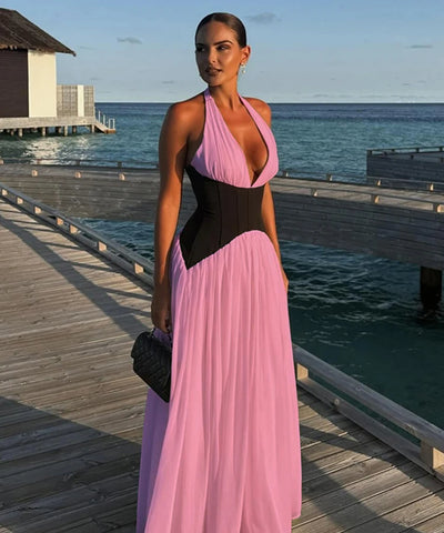 Contrast Halter Ruffle Beach Dress