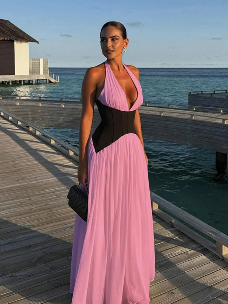Contrast Halter Ruffle Beach Dress | MzStar Fashion | view 2