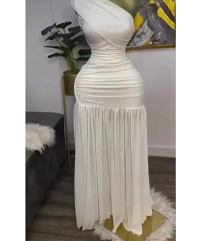 One-Shoulder Pleated Slit Gown