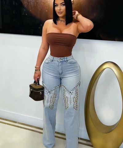 Striped Embroidery Straight Jeans