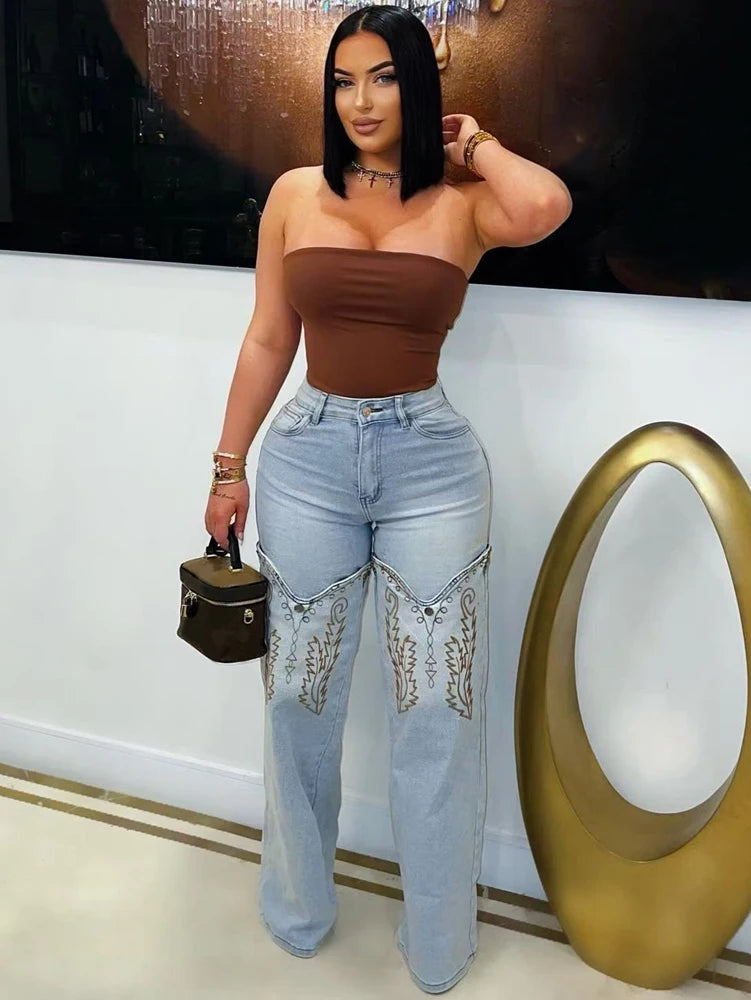 Striped Embroidery Straight Jeans | MzStar Fashion | view 2
