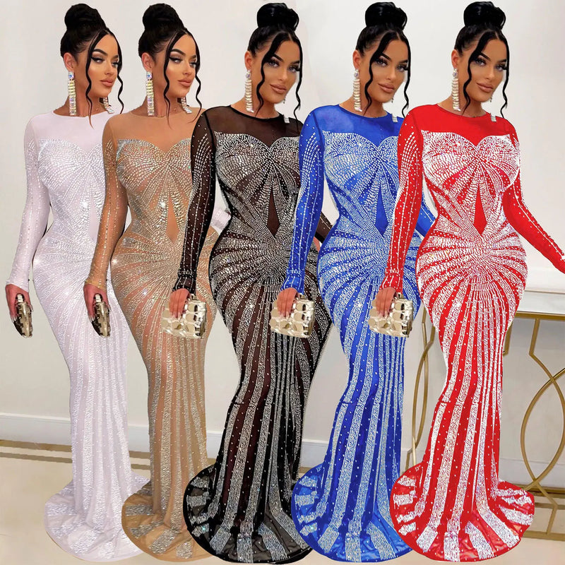 Crystal Mesh Long-Sleeve Gown | MzStar Fashion | view 8