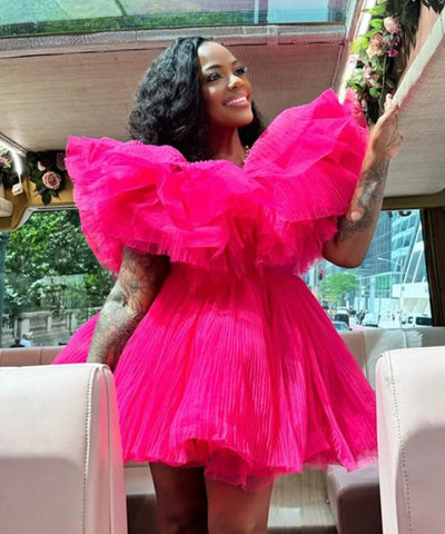 Hot Pink Ruffle Organza Mini Dress | MzStar Fashion