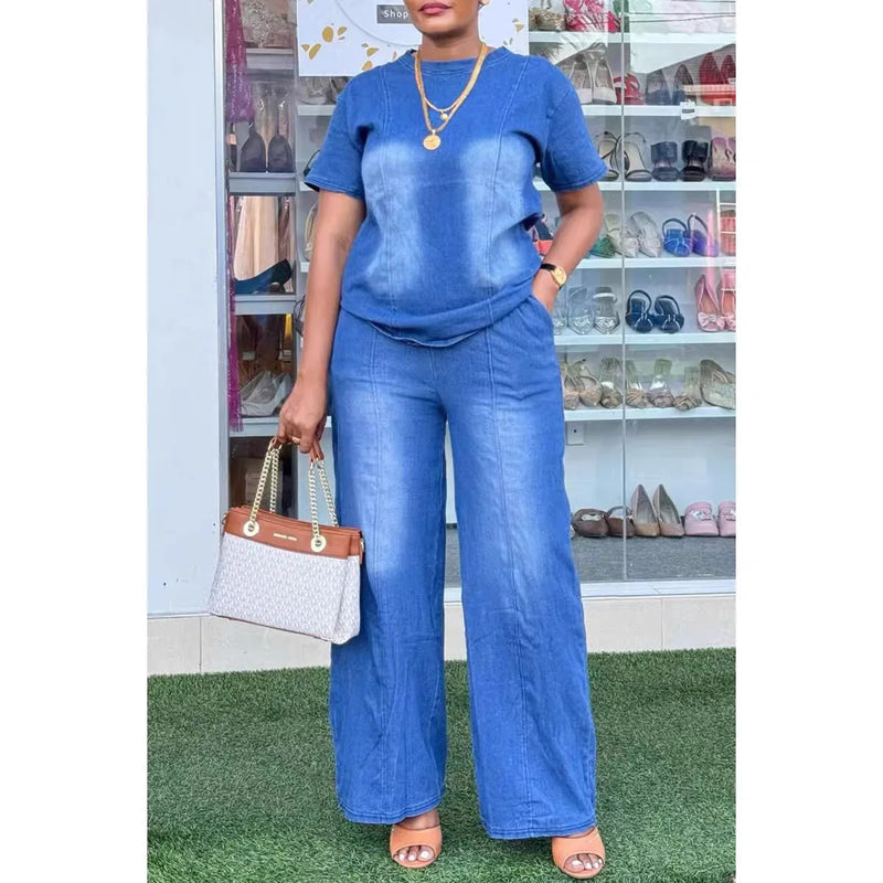 Denim Tee & Wide-Leg Pants Set | MzStar Fashion | view 8