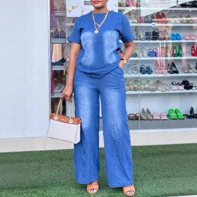 Denim Tee & Wide-Leg Pants Set | MzStar Fashion | view 4