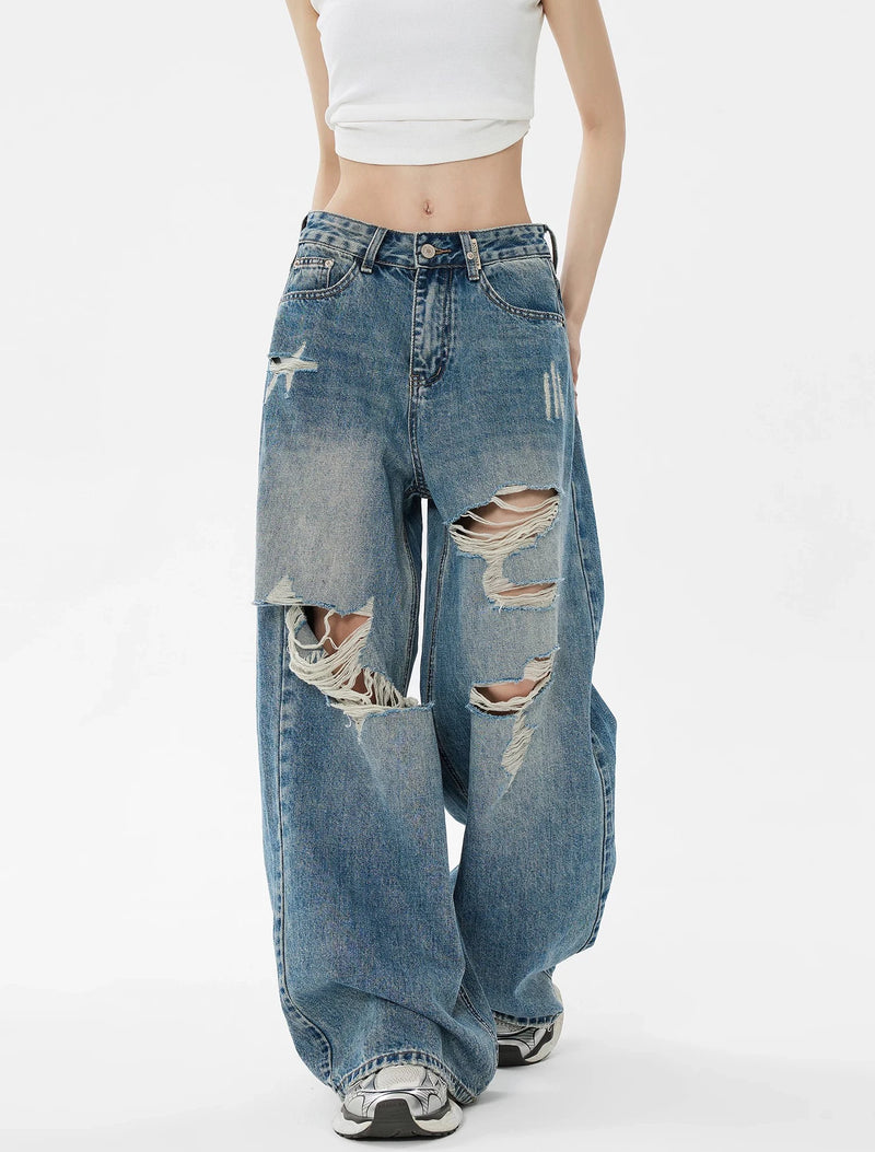 Classic Ripped Wide-Leg Jeans | MzStar Fashion