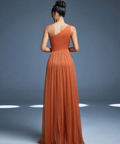 One-Shoulder Ruched Slit Gown