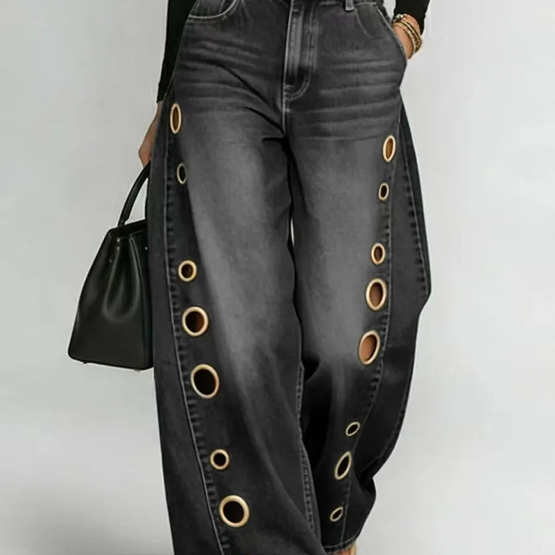 Gold Eyelet Wide-Leg Jeans | MzStar Fashion | view 4