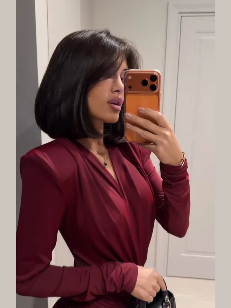 Burgundy Pleated Deep-V Dress | MzStar Fashion | view 5