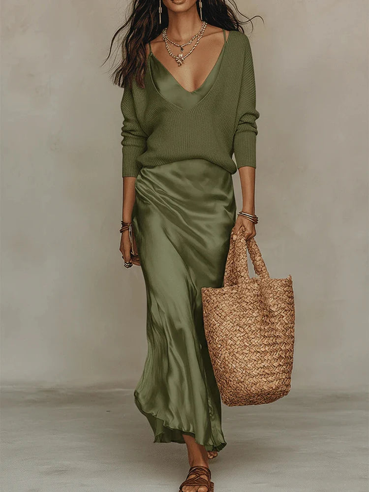 V-Neck Top & Maxi Dress Set | MzStar Fashion