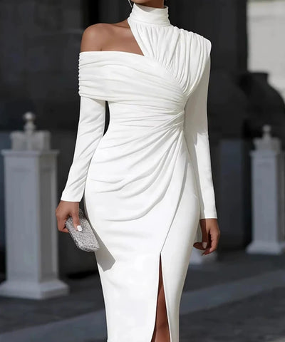 Draped High-Neck Split Midi Dress | MzStar Fashion