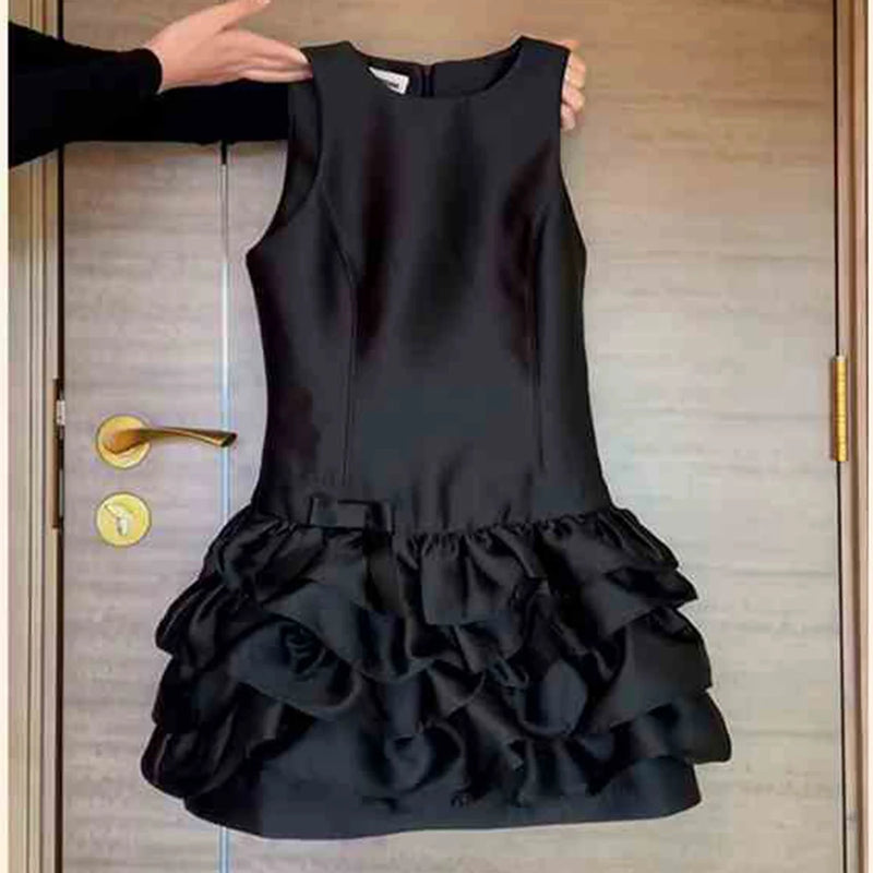 Black Satin Ruffle Vest Dress | MzStar Fashion