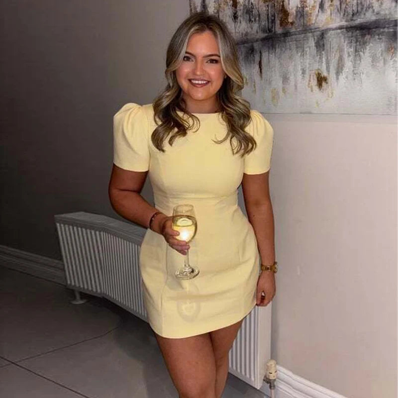 Yellow Pleated Party Mini Dress | MzStar Fashion | view 2