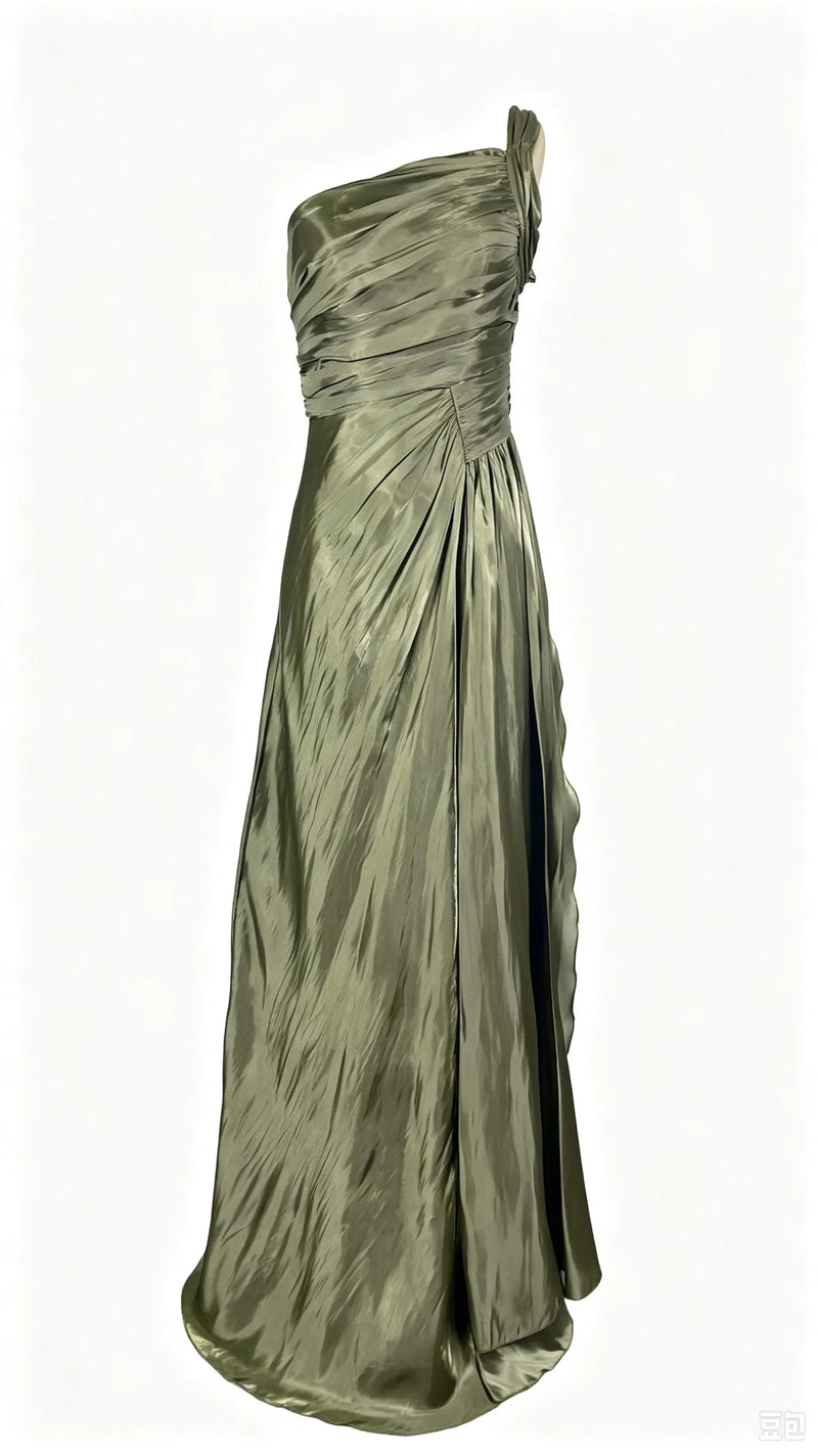 Olive Satin One-Shoulder Gown | MzStar Fashion | view 4