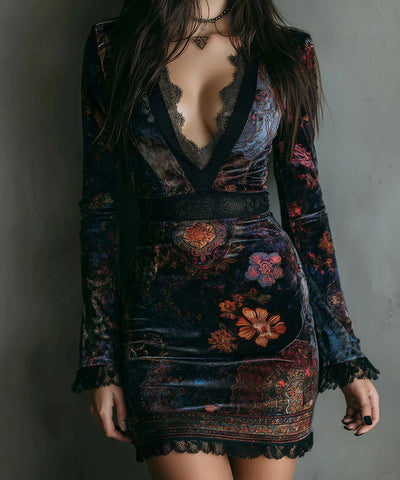 Velvet Floral Gothic Mini Dress | MzStar Fashion