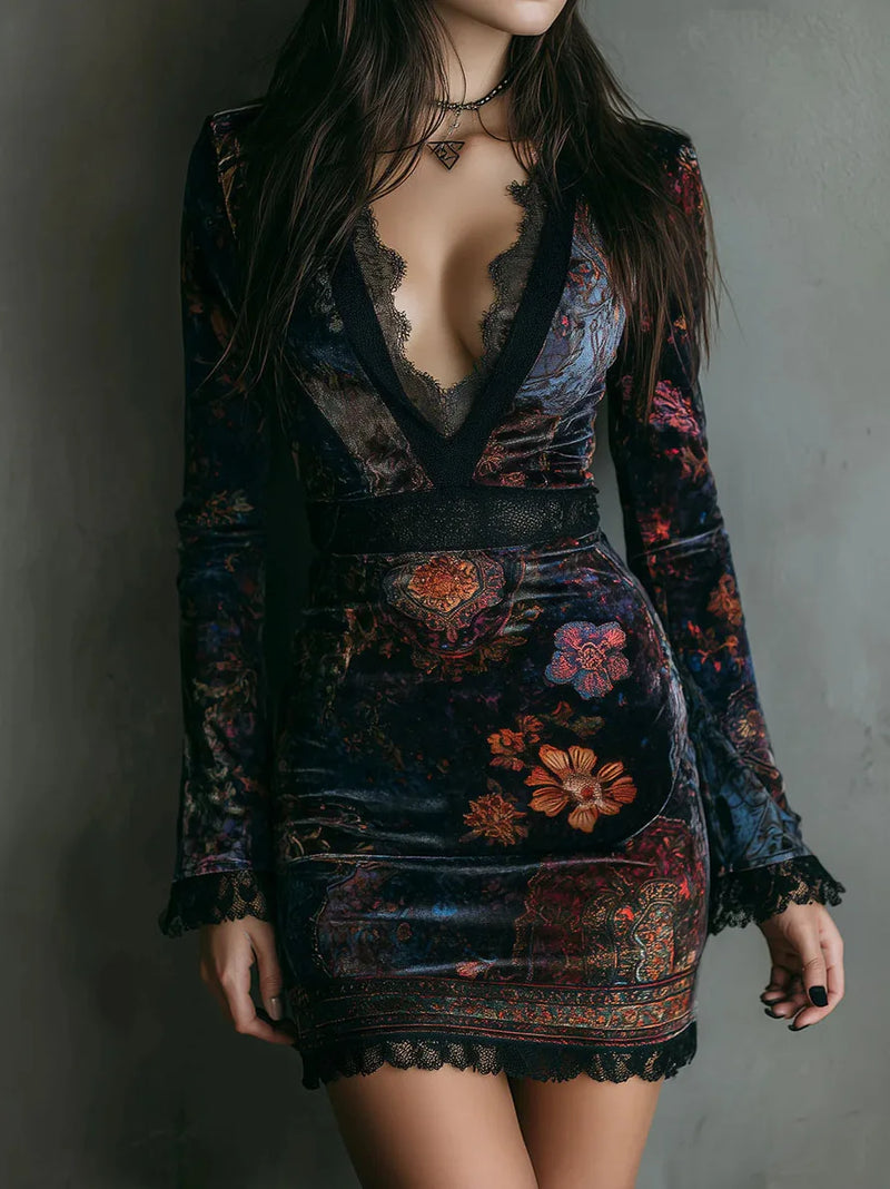 Velvet Floral Gothic Mini Dress | MzStar Fashion