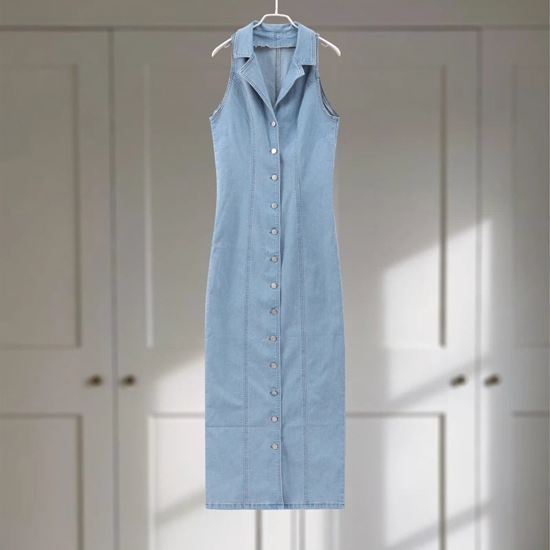 Denim Button-Front Maxi Dress | MzStar Fashion | view 7